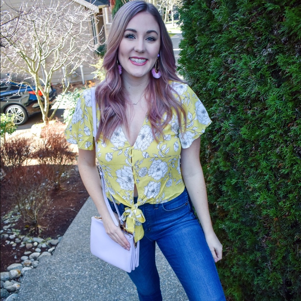Lush button and tie front cropped blouse
